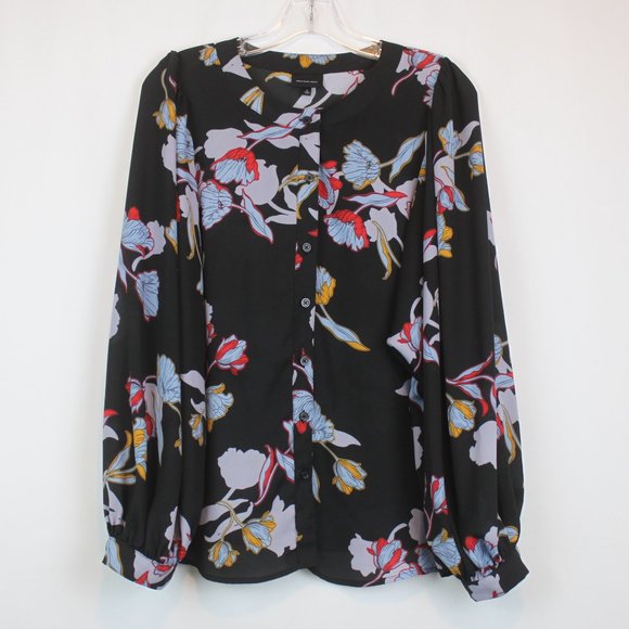 Who What Wear Large Black Floral Sheer Button Down Long Sleeve Blouse - Picture 1 of 12